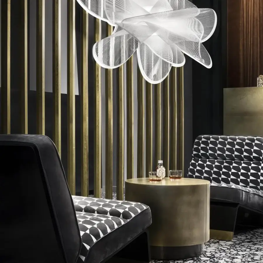 Distinguished Slamp La Belle Étoile suspension lamp in printed transparent polymers with a white matte finish evokes graceful floral forms