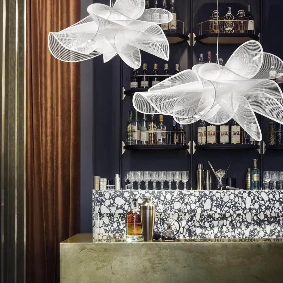 Innovative Slamp La Belle Étoile suspension lamp crafted in transparent polymer with white printed texture and matte finish
