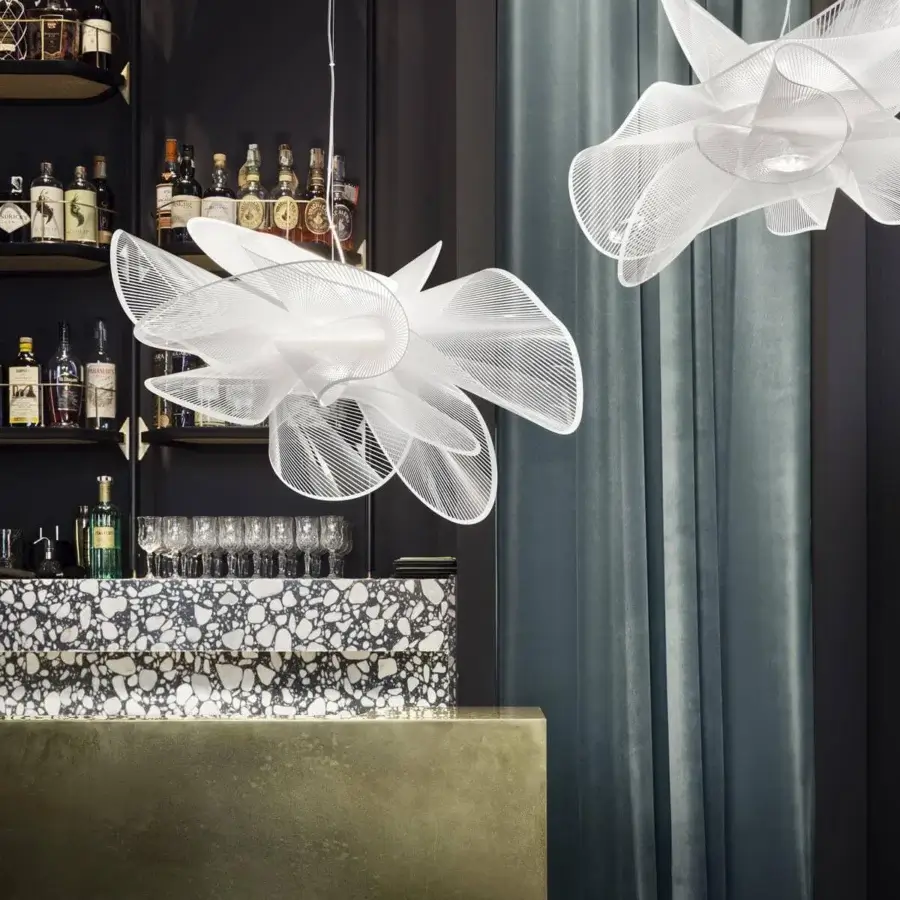 Distinguished Slamp La Belle Étoile suspension lamp in transparent polymers with white printed texture and matte finish