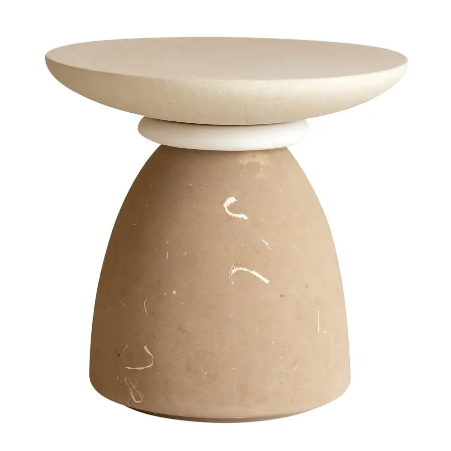 Exquisite sculptural PIMAR coffee table in matte textured stone with beige tan off-white cream hues