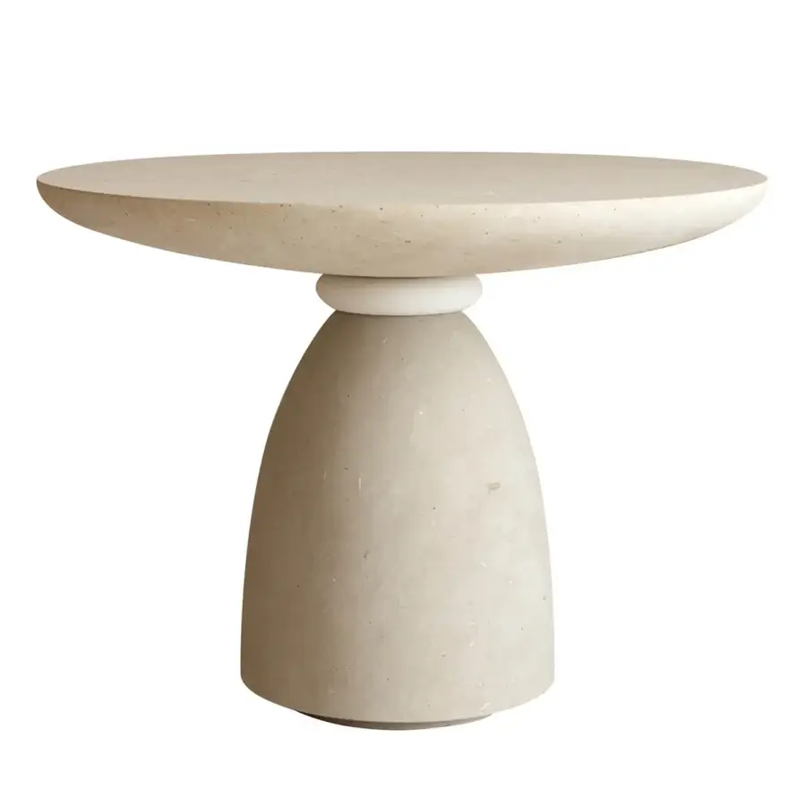 Luxury PIMAR Contemporary Geo coffee table in light beige natural stone with matte textured finish and white ring connector