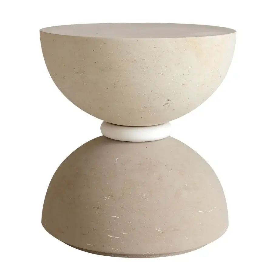 Luxury PIMAR Contemporary Geo coffee table in stacked beige taupe-gray stone hemispheres with white matte central spacer