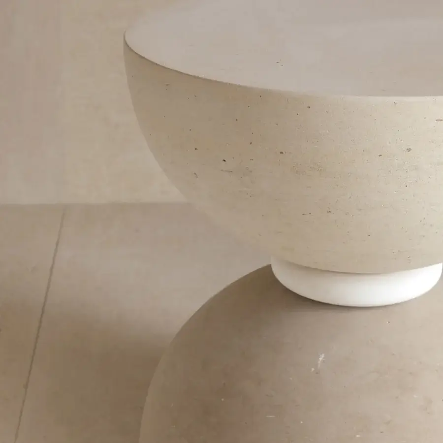Elegant PIMAR Contemporary Geo coffee table in sculptural light beige natural stone with matte porous finish and connector