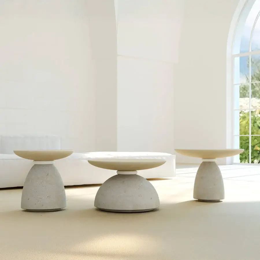 Elegant PIMAR Contemporary Geo coffee table crafted from natural stone with matte textured finish in neutral light beige