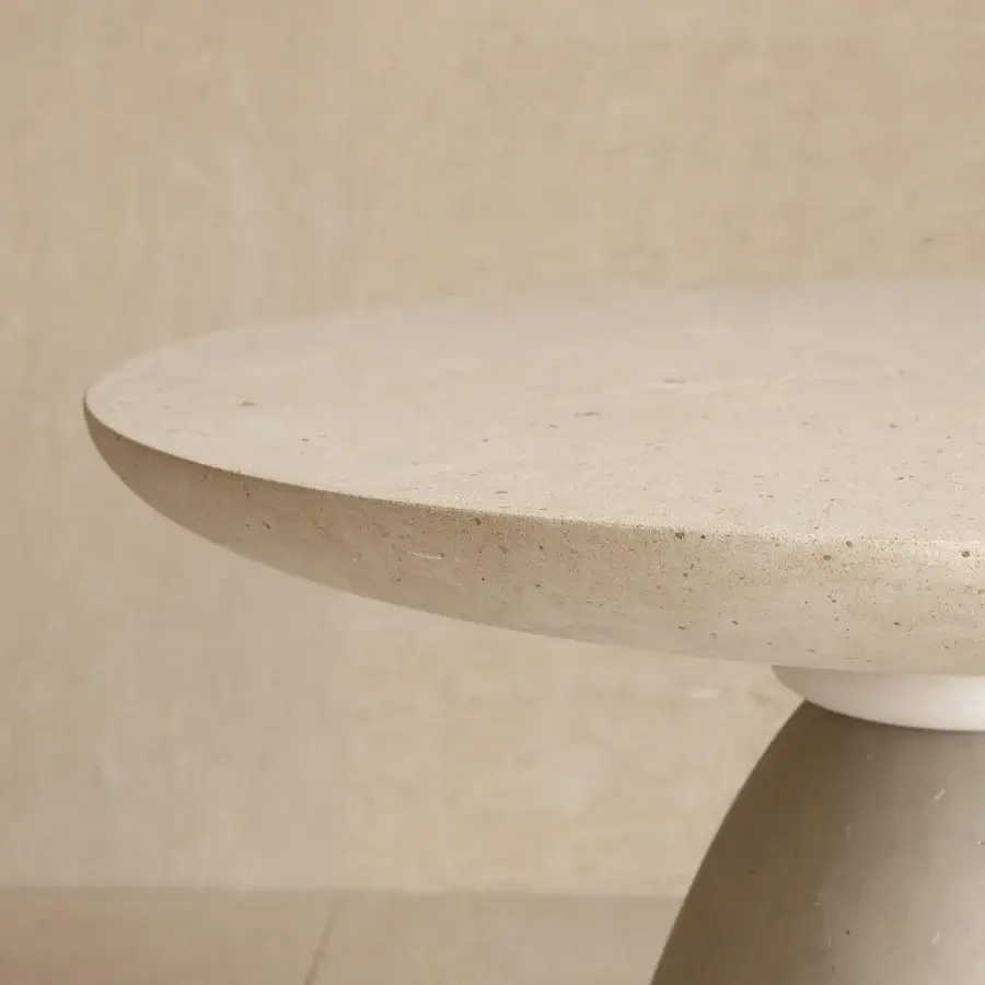 Exquisite Apospersano PIMAR coffee table in light beige natural stone with matte textured circular top and conical base