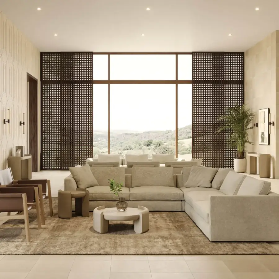 Architectural PIMAR Fuente coffee table sculpted from natural stone in a matte finish and off-white tone