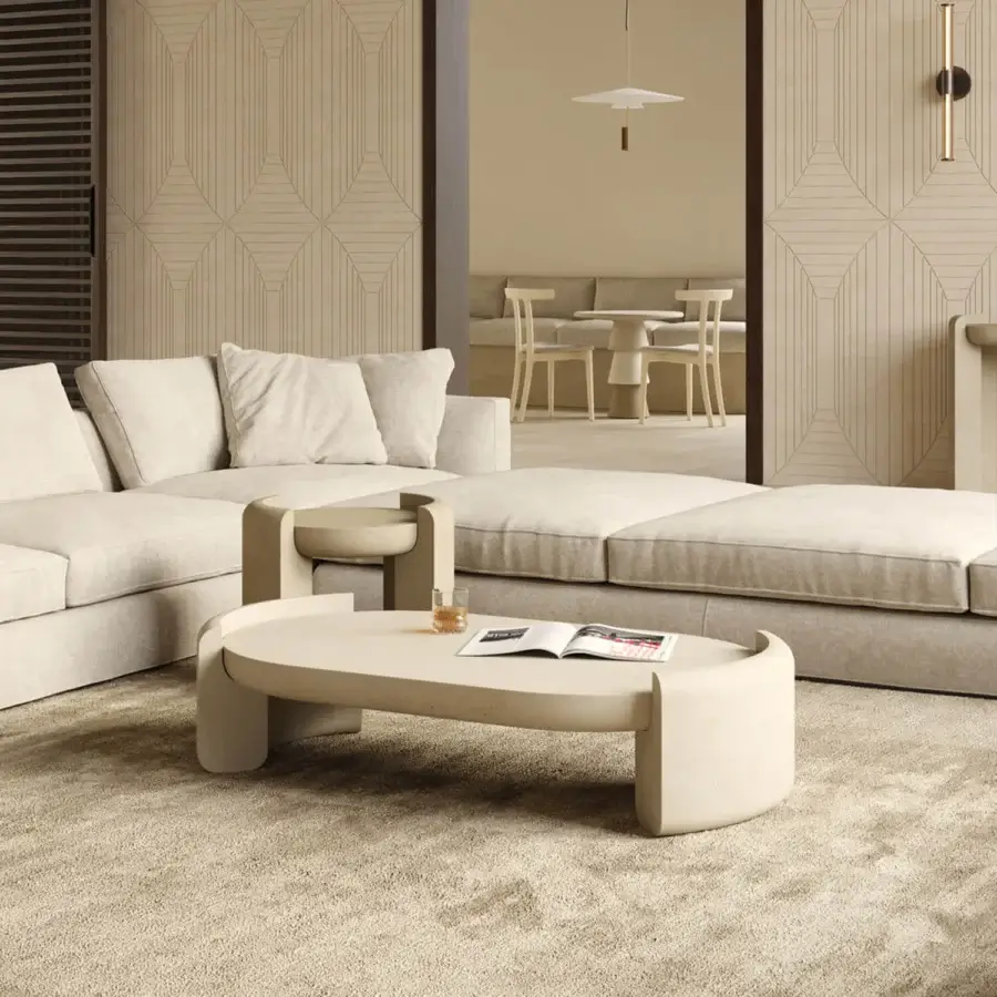 Sophisticated PIMAR Fuente coffee table in light beige natural stone with matte textured finish and sculptural supports