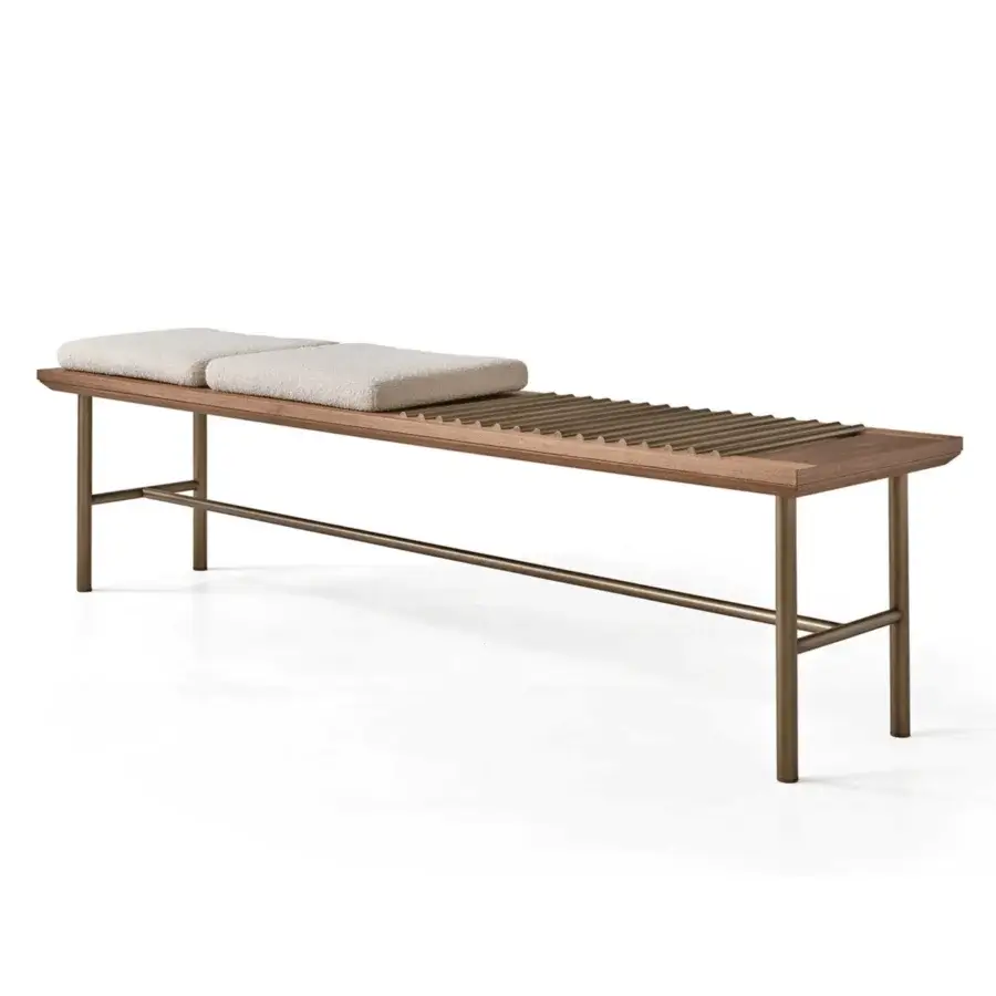 Luxury Modesign Wabi bench with light textured cushions plus warm matte wood combined against satin finish metal accents
