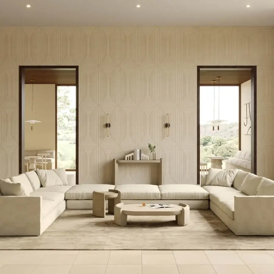 Luxury PIMAR Fuente coffee table in natural stone with light beige matte finish plus sculptural organic arch supports