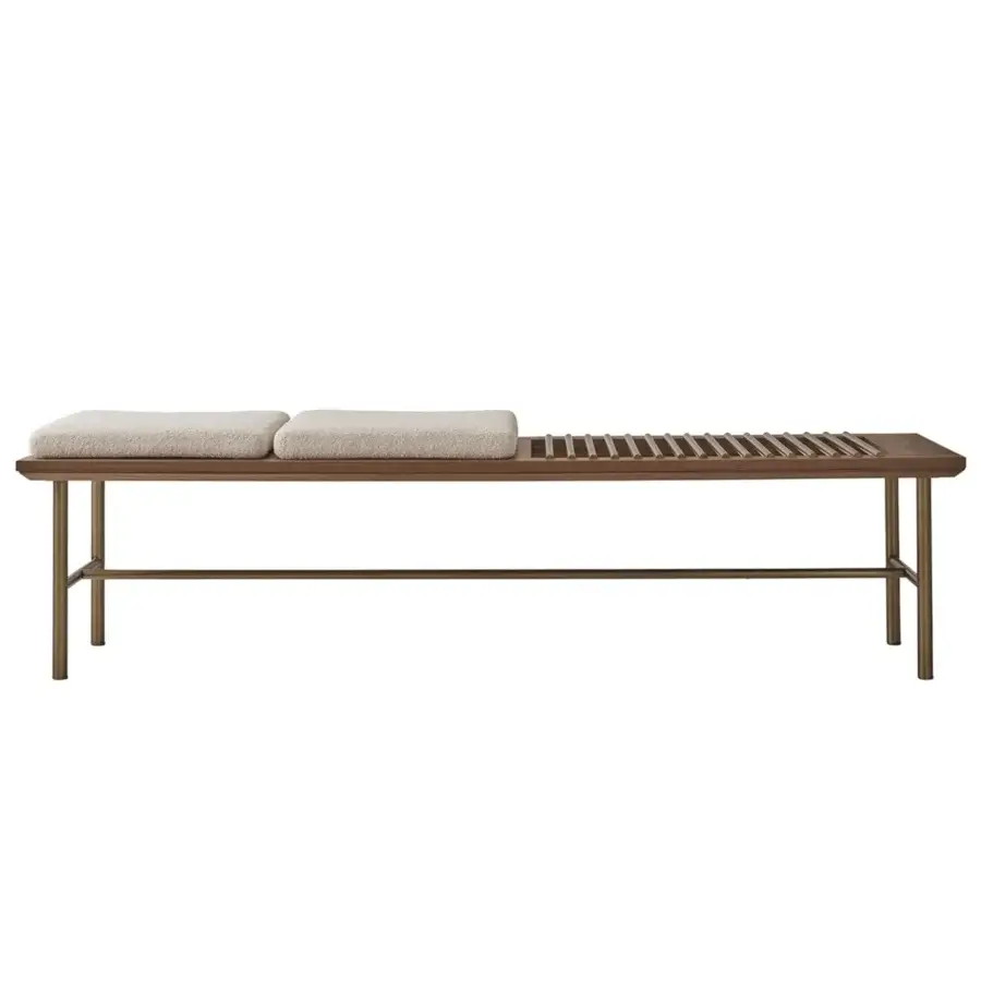 Sophisticated Modesign bench featuring warm wooden structure textured textile cushions satin metallic legs