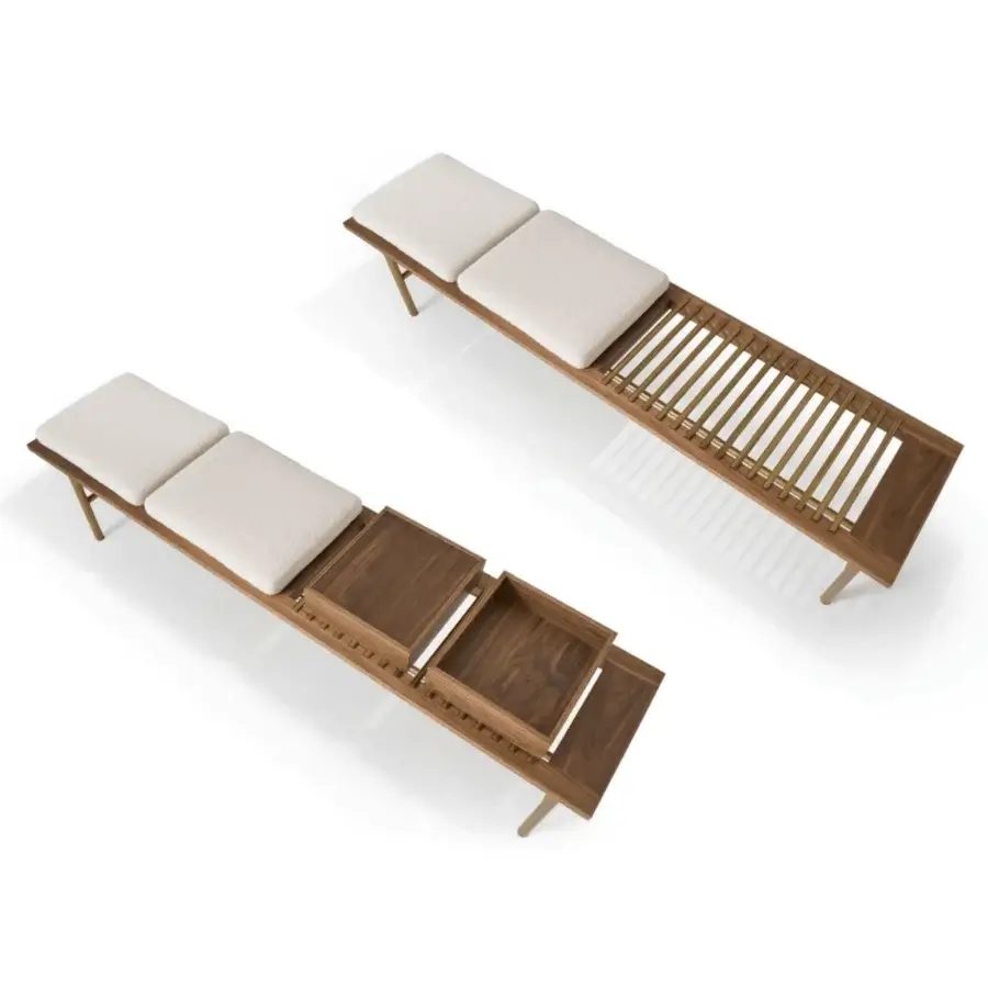 Exquisite Modesign bench showcasing medium-brown wood frame golden-toned metal legs off-white textile cushions