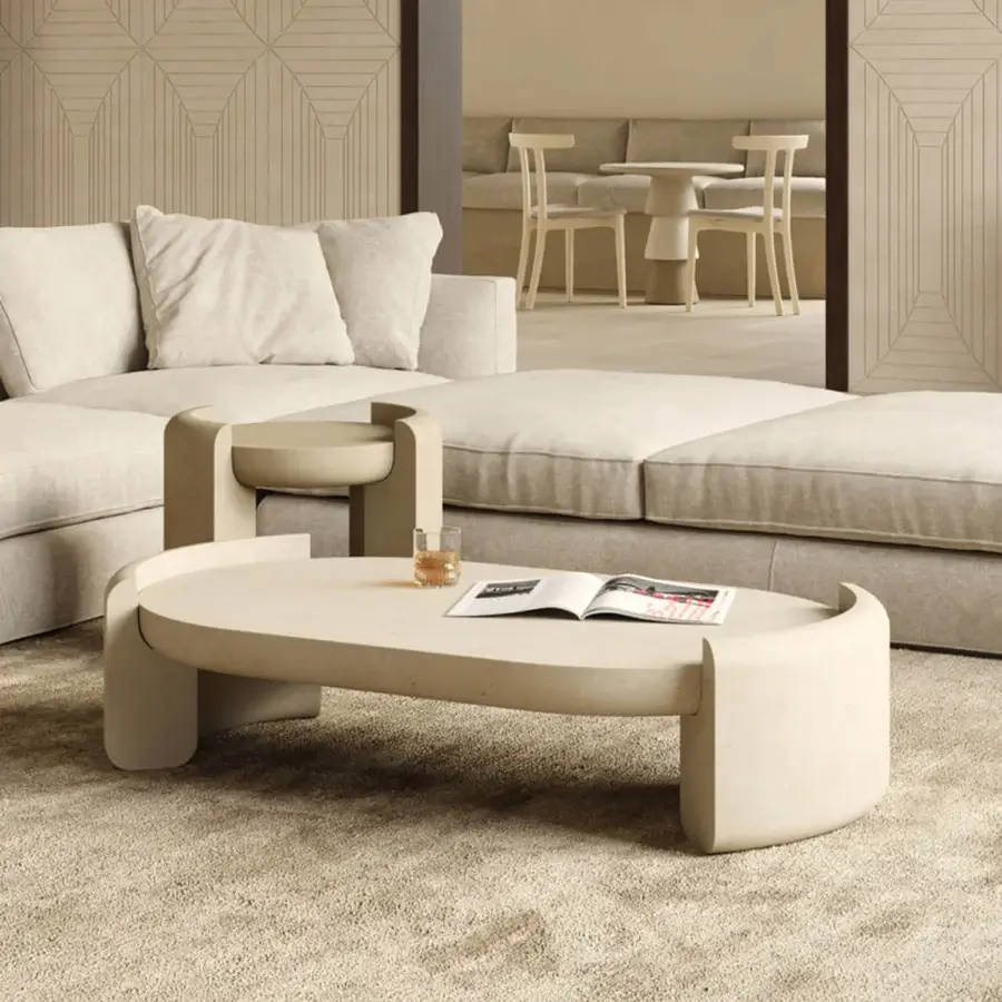 Sophisticated PIMAR Fuente coffee table in neutral beige natural stone with matte textured finish