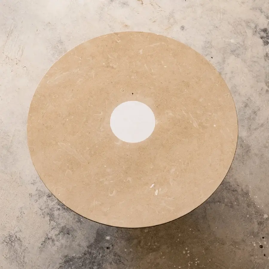 Exquisite PIMAR Centro coffee table crafted from natural stone in beige with honed finish and white circle