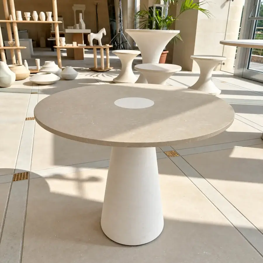 Exquisite PIMAR Centro coffee table built from natural stone with smooth honed surface and light beige mottled circular top