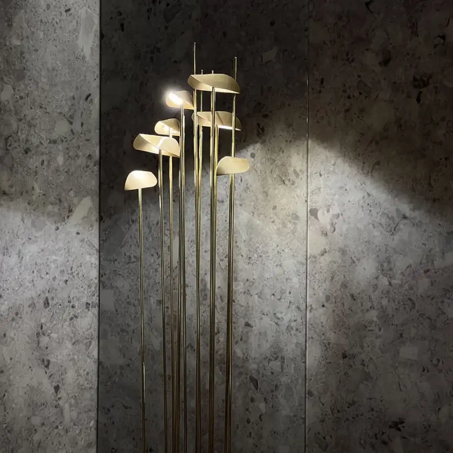 Sophisticated Paolo Castelli floor lamp featuring thirteen polished brass stems with satin matt gold finish