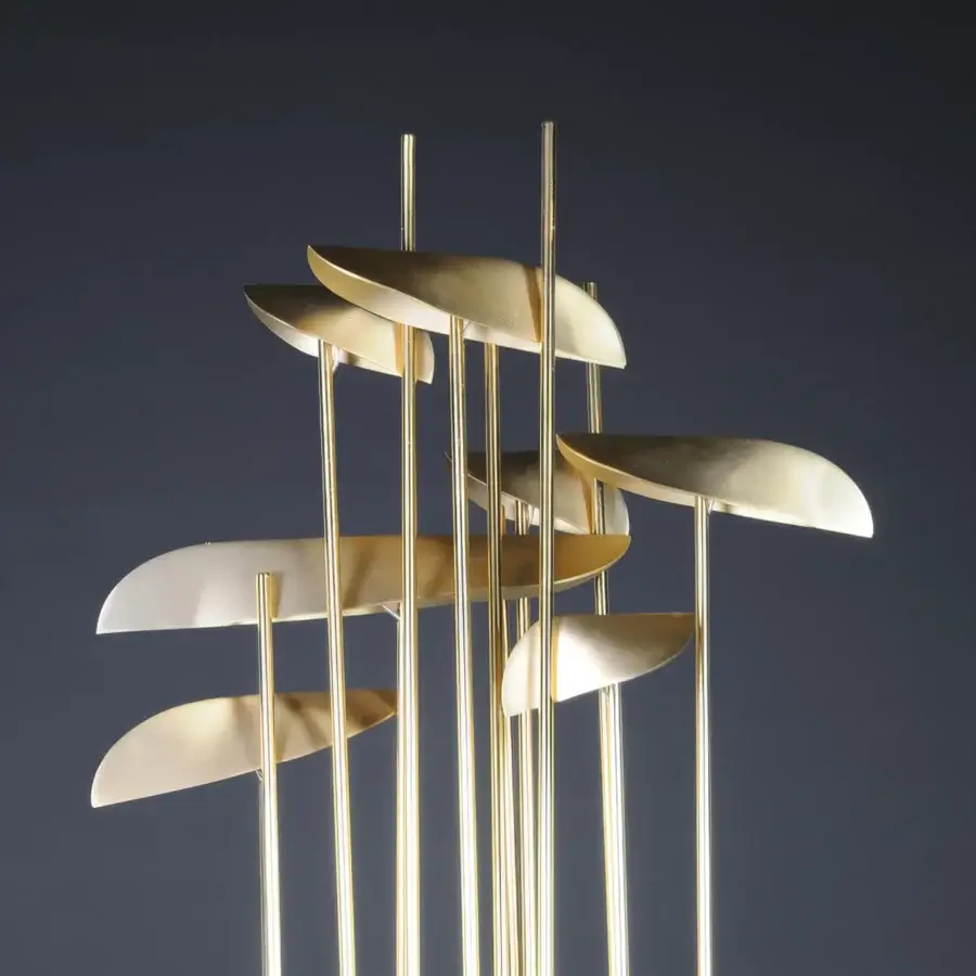 Exquisite Paolo Castelli floor lamp showcasing thirteen polished brass stems adorned with asymmetrical metal leaves in satin matt gold finish