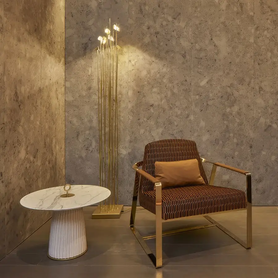 Exquisite Paolo Castelli Anodine floor lamp in satin matt gold brass with integrated LED lighting