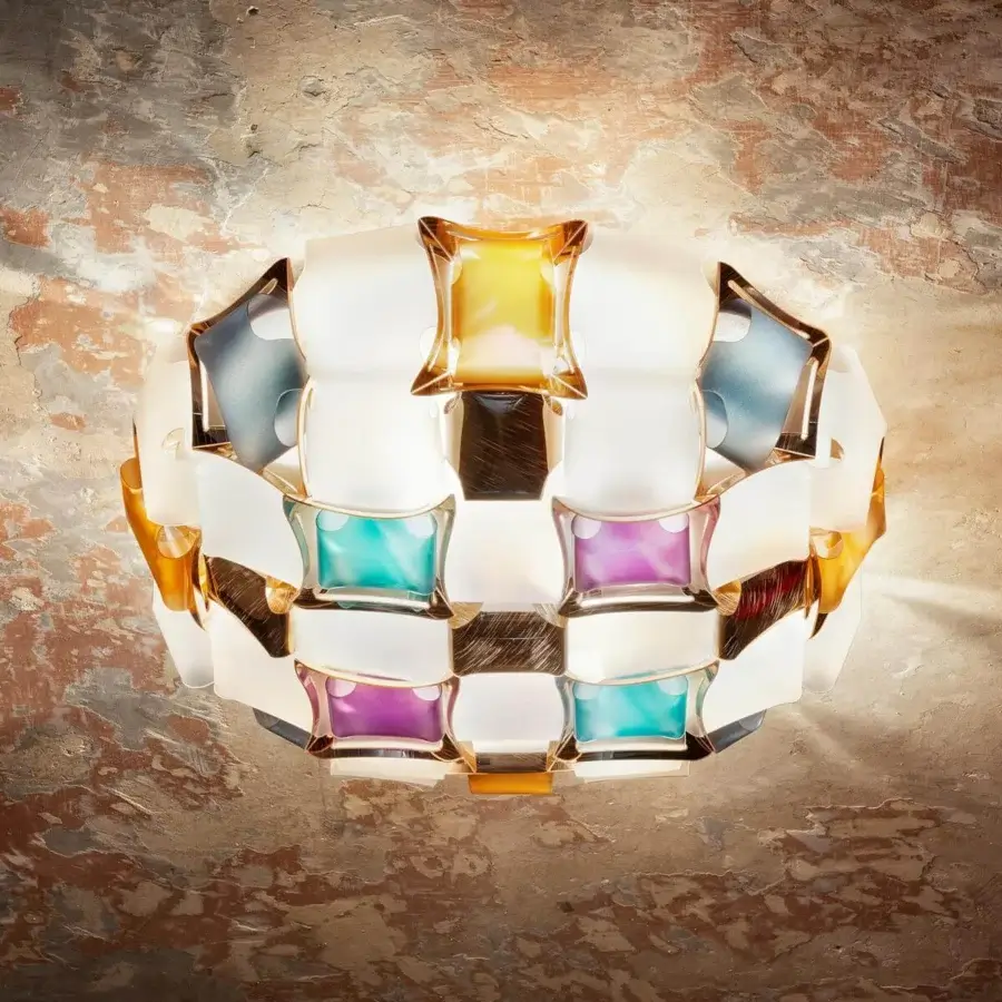 Distinguished Slamp Mida ceiling lamp crafted in multicolor Opalflex® and Lentiflex® squares with a brushed gold frame
