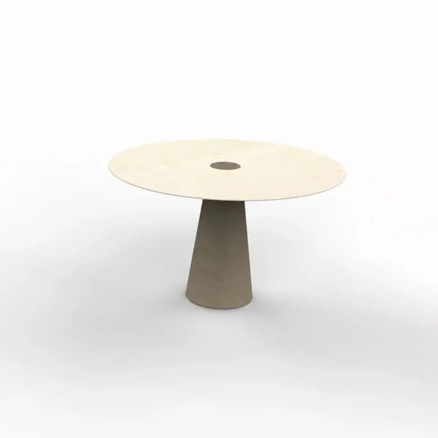 Architectural PIMAR Centro coffee table with beige circular top and grayish brown tapered pedestal base honed stone