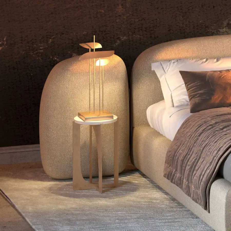 Exquisite Paolo Castelli Anodine table lamp featuring polished brass stems and a matt satin gold metal base