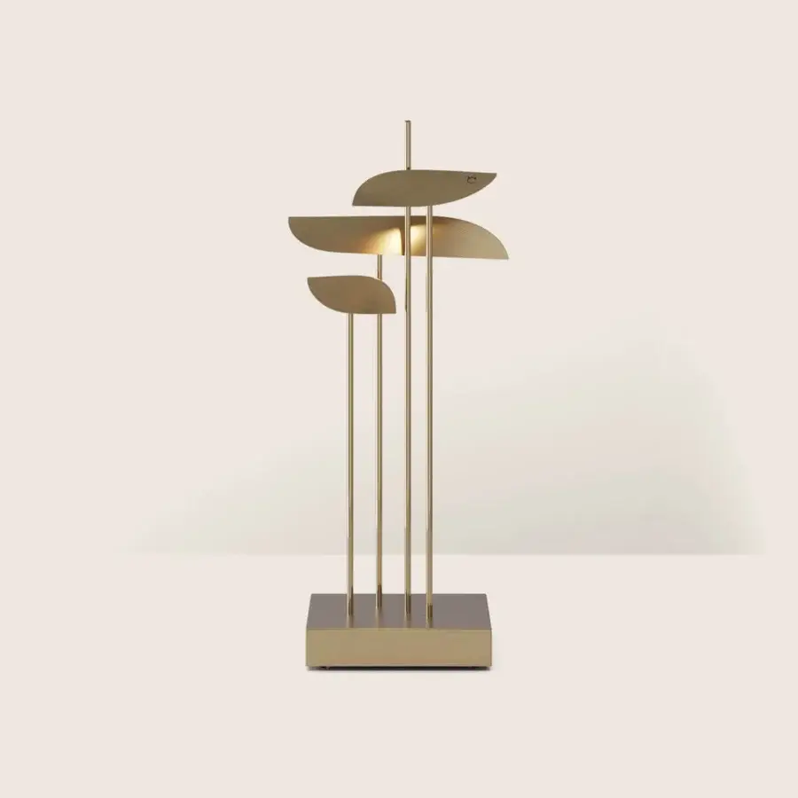 Sophisticated Paolo Castelli Anodine lamp featuring vertical architectural silhouette crafted from polished brass and metal with matt satin gold finish
