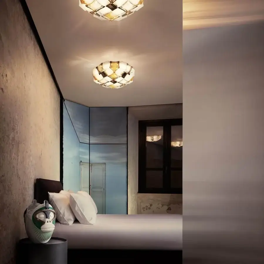 Elegant Slamp Mida ceiling lamp crafted in white, amber and dark hues Opalflex® and Lentiflex® with a glossy finish
