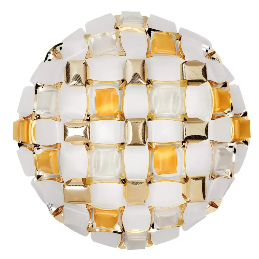 Distinguished Slamp Mida ceiling lamp crafted in white Opalflex® and printed Lentiflex® with gold-toned metal and clear glass-like sections