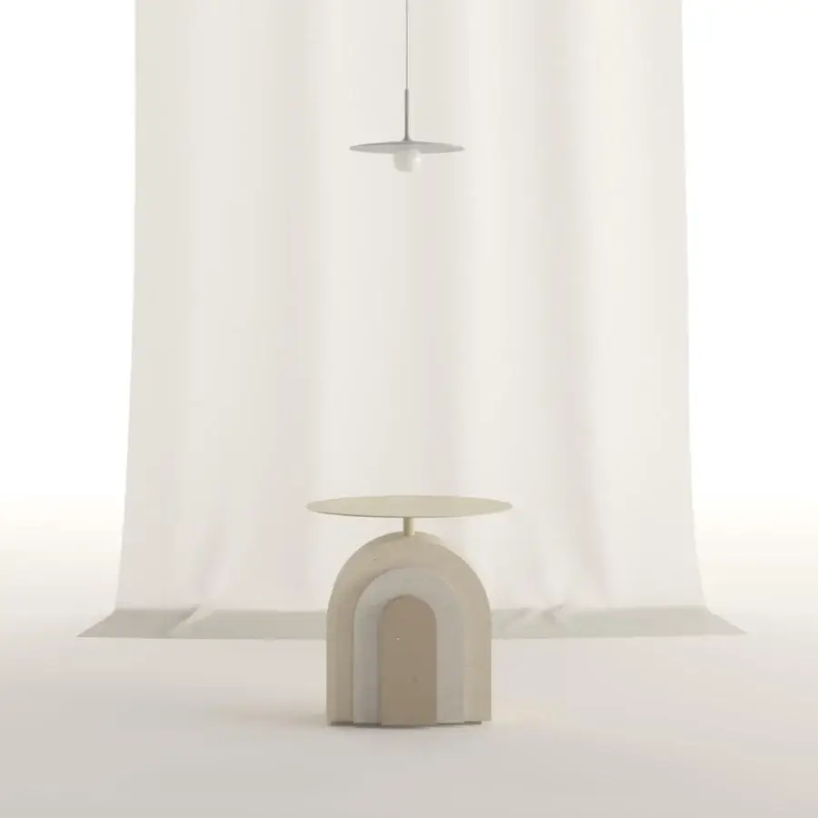 Exquisite PIMAR Arco coffee table in off-white beige natural stone with matte finish metal stem