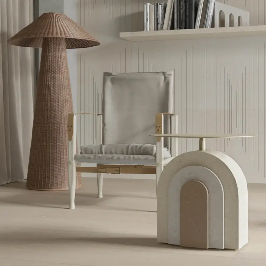 Luxury PIMAR Arco coffee table in matte off white finish with natural stone and brass details
