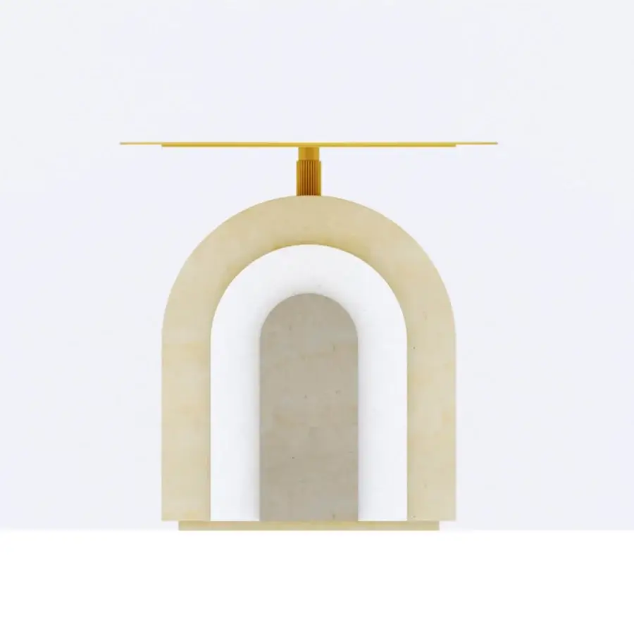 Sophisticated PIMAR Arco coffee table featuring overlapping beige cream stone volumes alongside golden yellow metal elements