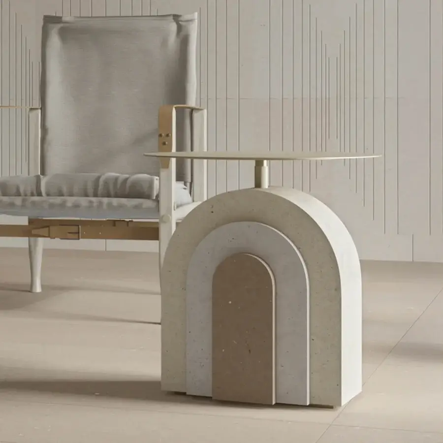 Exquisite PIMAR Arco coffee table in beige, cream, taupe stone and brass with matte finish