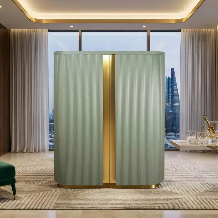 Sophisticated Agresti Peninsula bar cabinet in sage green wood, marble, polished brass, and mirrored glass