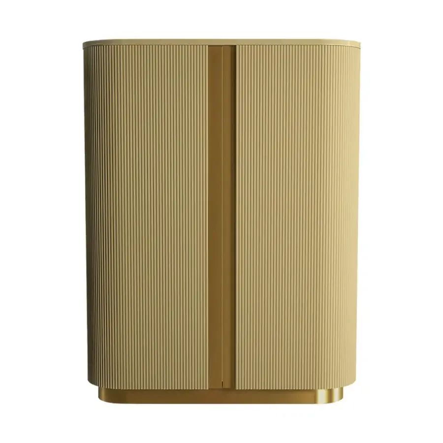 Exquisite Agresti Peninsula bar cabinet featuring sandy beige finish, polished brass details, and marble top
