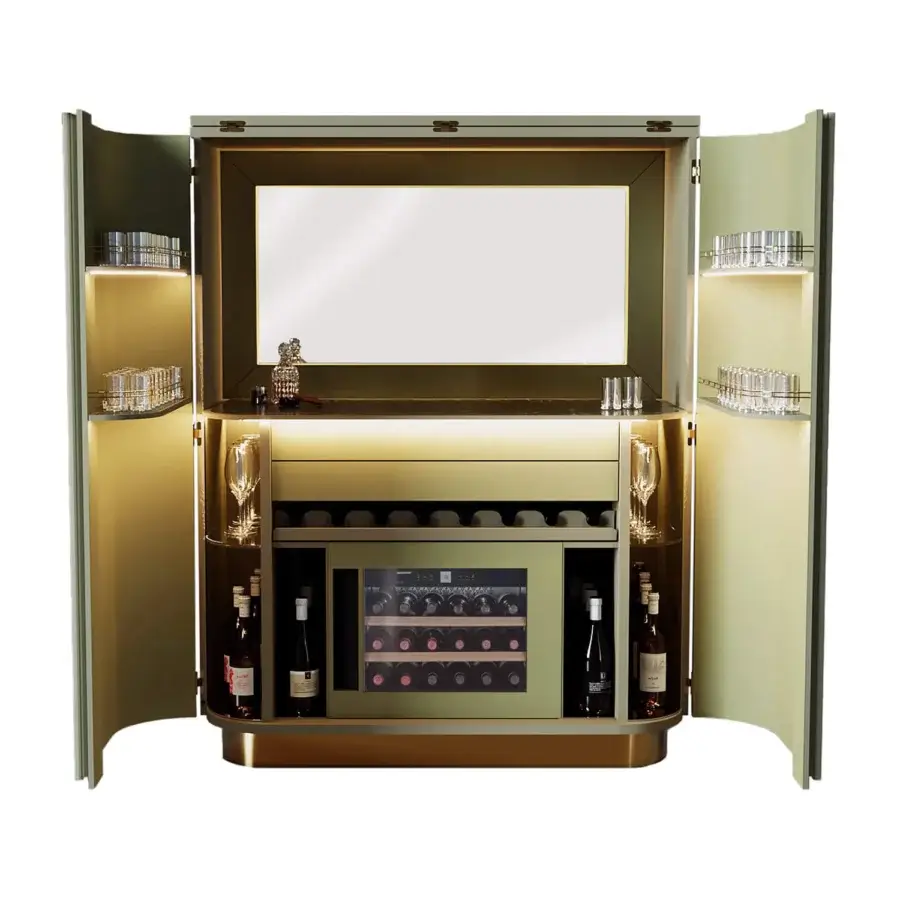 Exquisite Agresti Peninsula bar cabinet in muted olive green wood with polished brass details and marble