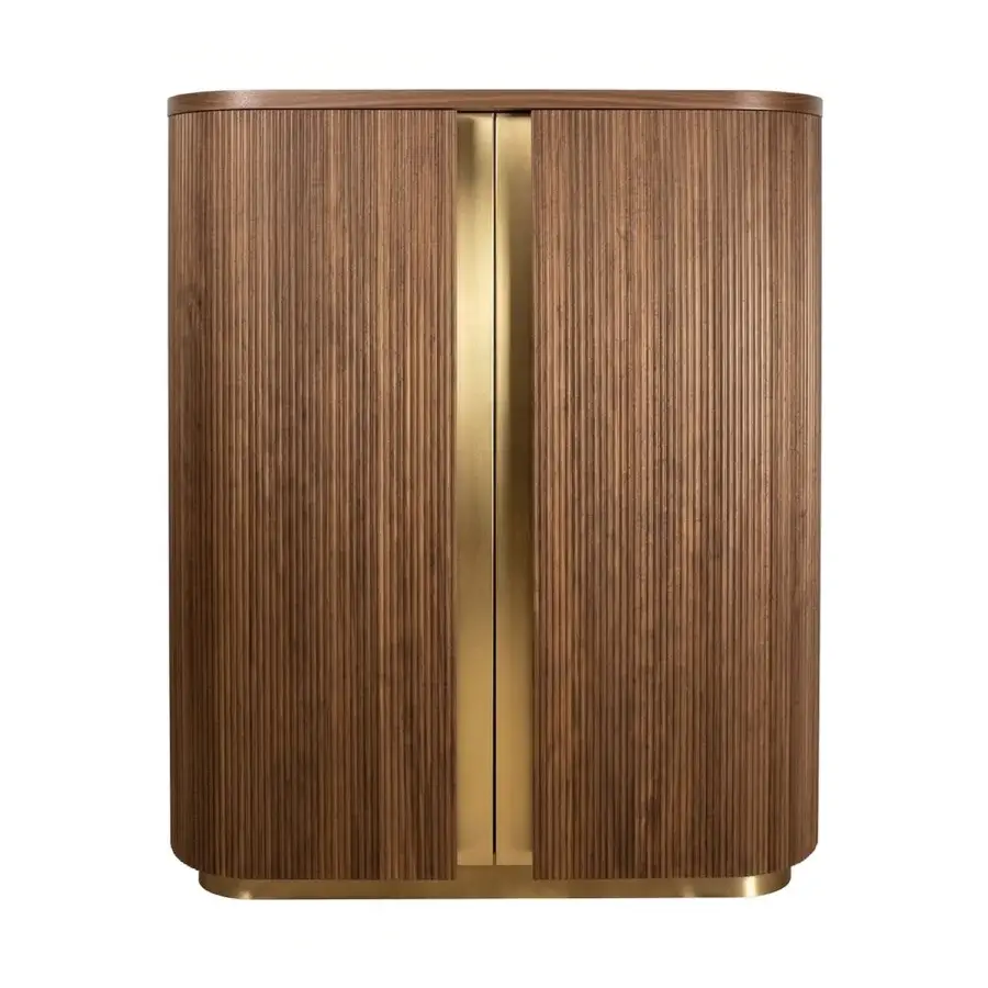 Exquisite Agresti Peninsula bar cabinet in rich brown wood with vertical fluted texture and polished brass details
