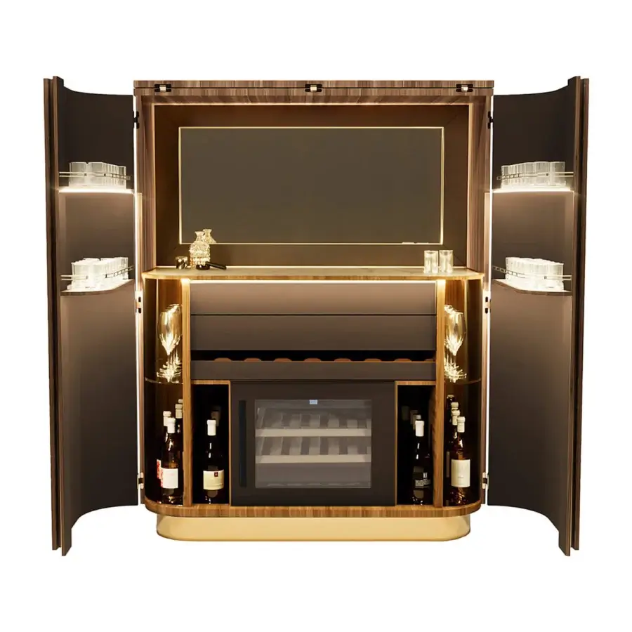Exquisite Agresti Peninsula bar cabinet in dark brown wood with glossy grain finish and polished brass details