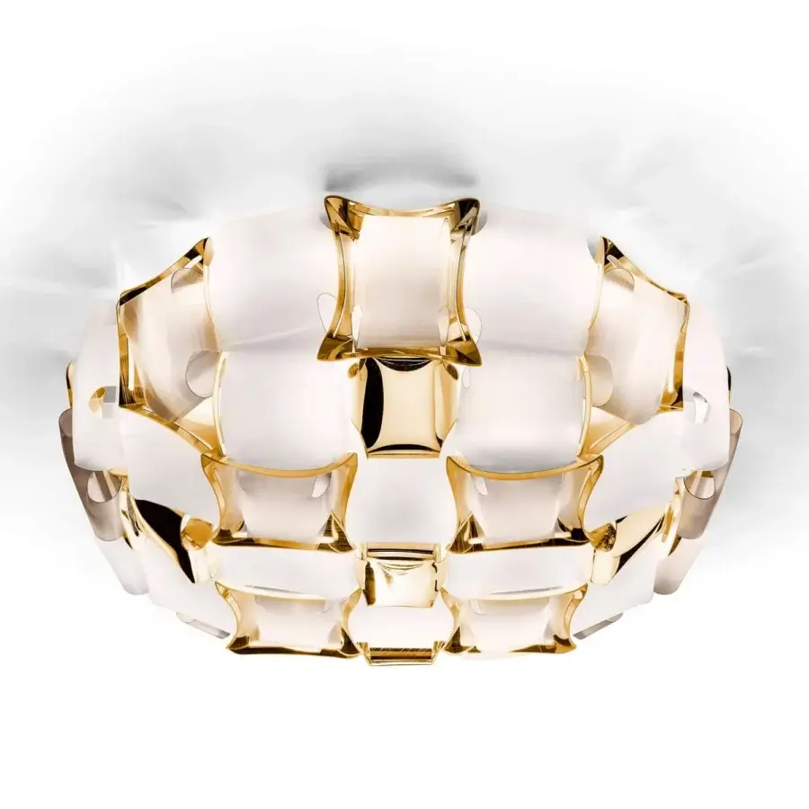 Distinguished Slamp Mida ceiling lamp crafted in white Opalflex® and printed Lentiflex® with brushed metallized gold gems