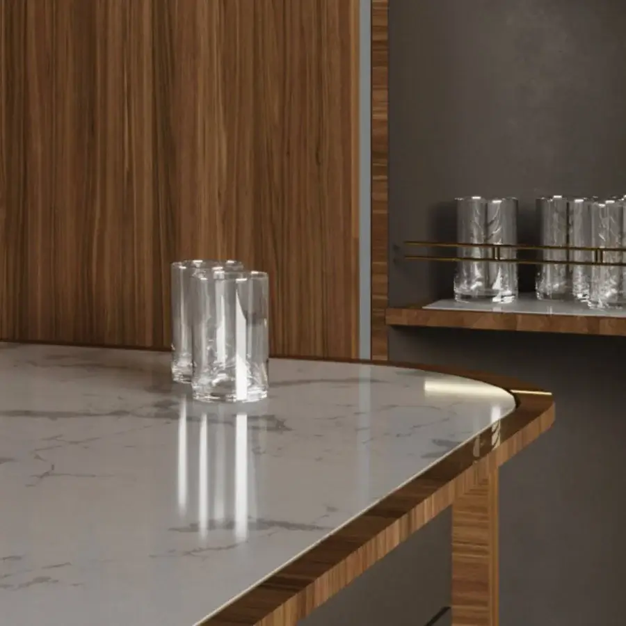 Sophisticated Agresti Peninsula bar cabinet featuring brown wood vertical grain high-gloss finish polished brass and white marble