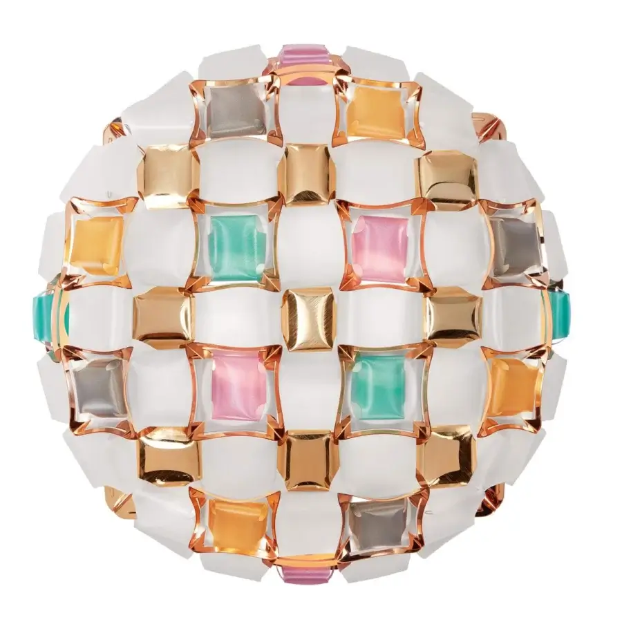 Exceptional Slamp Mida ceiling lamp built in translucent white Opalflex® and printed Lentiflex® with brushed metallized gems
