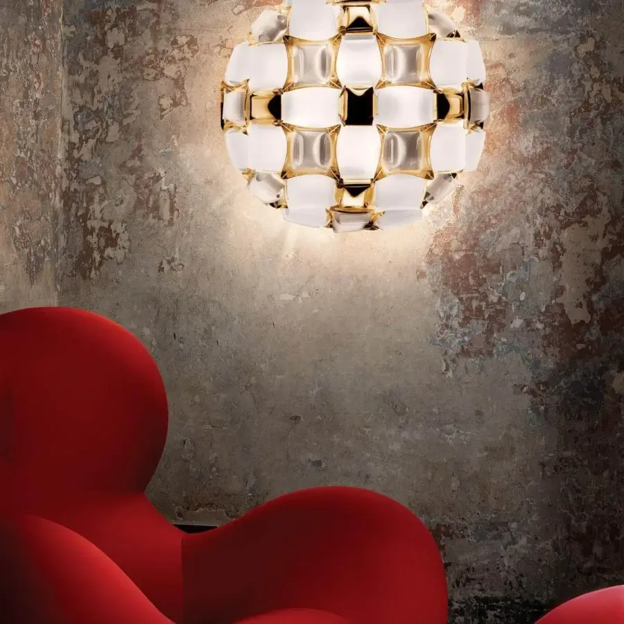 Superior Slamp Mida wall lamp handcrafted in translucent white Opalflex® and printed Lentiflex® with a gold-toned metal framework
