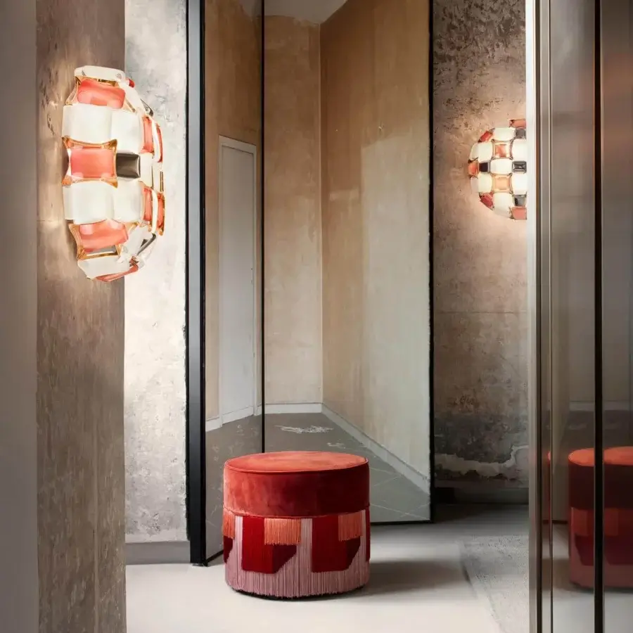Exceptional Slamp Mida wall lamp crafted in white Opalflex® and printed Lentiflex® with a warm pink and clear patchwork design