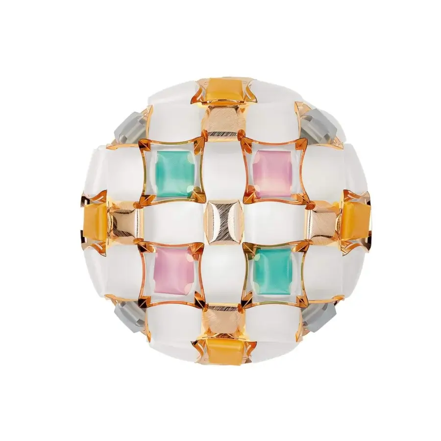 Superior Slamp Mida wall lamp built with white Opalflex® and printed Lentiflex® accented with gold-toned metallic gems and colorful squares