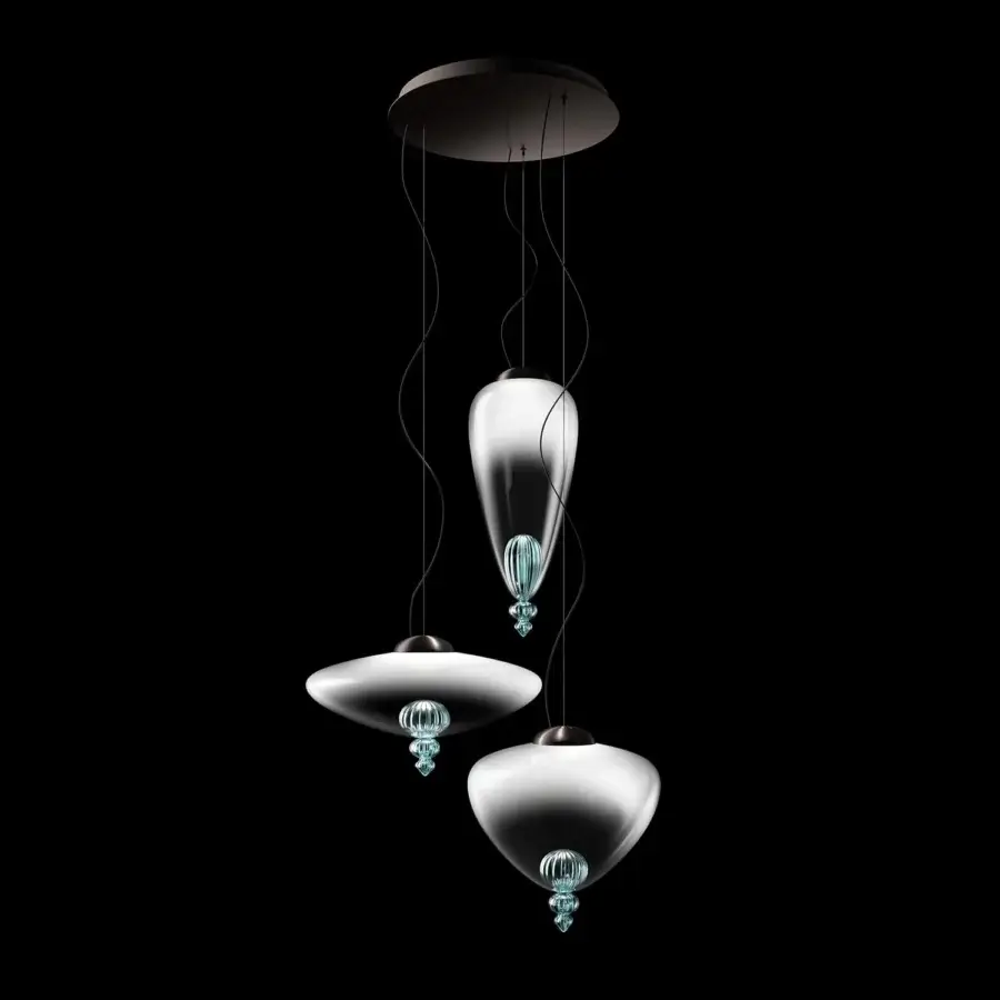 Distinguished Barovier&Toso Padma suspension lamp with translucent Murano glass pendants and turquoise ornaments in glossy metal