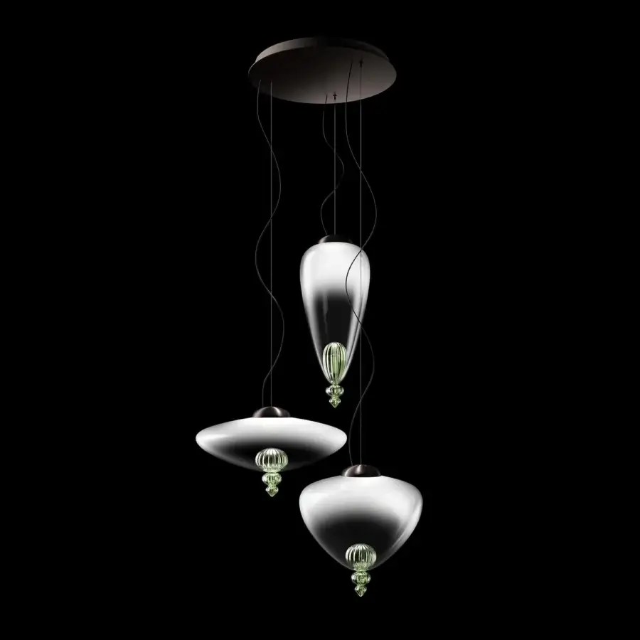 Captivating Barovier&Toso Padma suspension lamp with translucent white and clear Murano glass shades plus delicate light green ornaments
