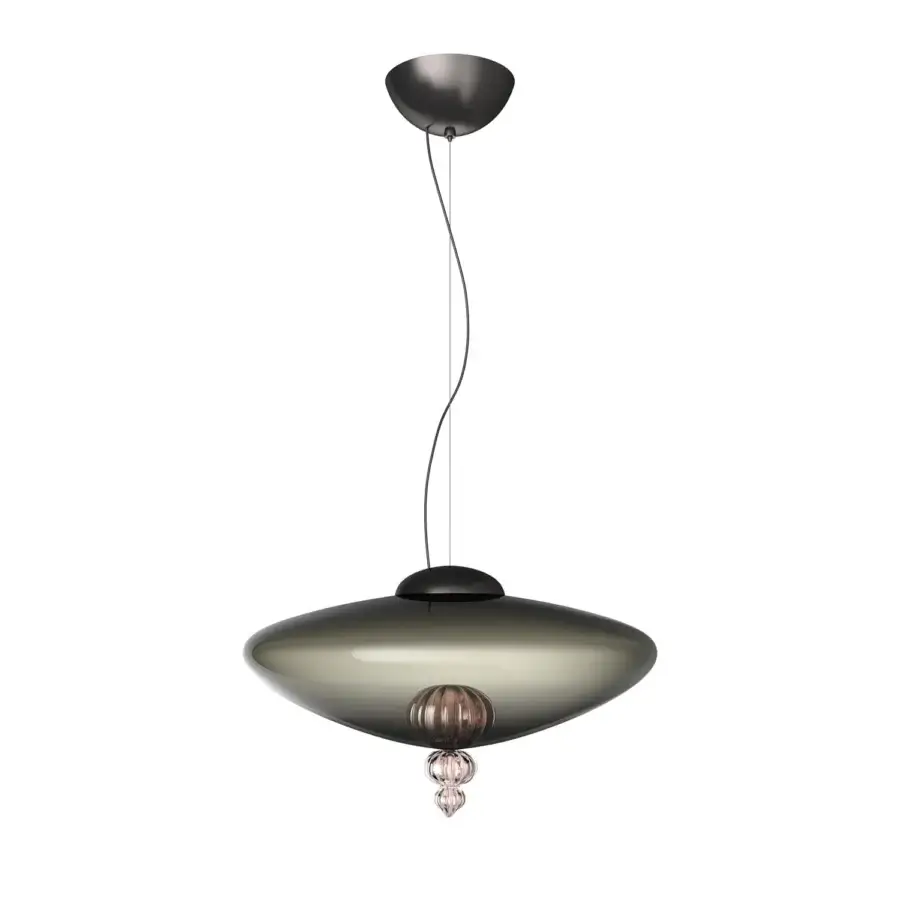 Distinguished Barovier&Toso Padma suspension lamp crafted in Murano glass with a smoky gray gradient and sleek matte metal finish