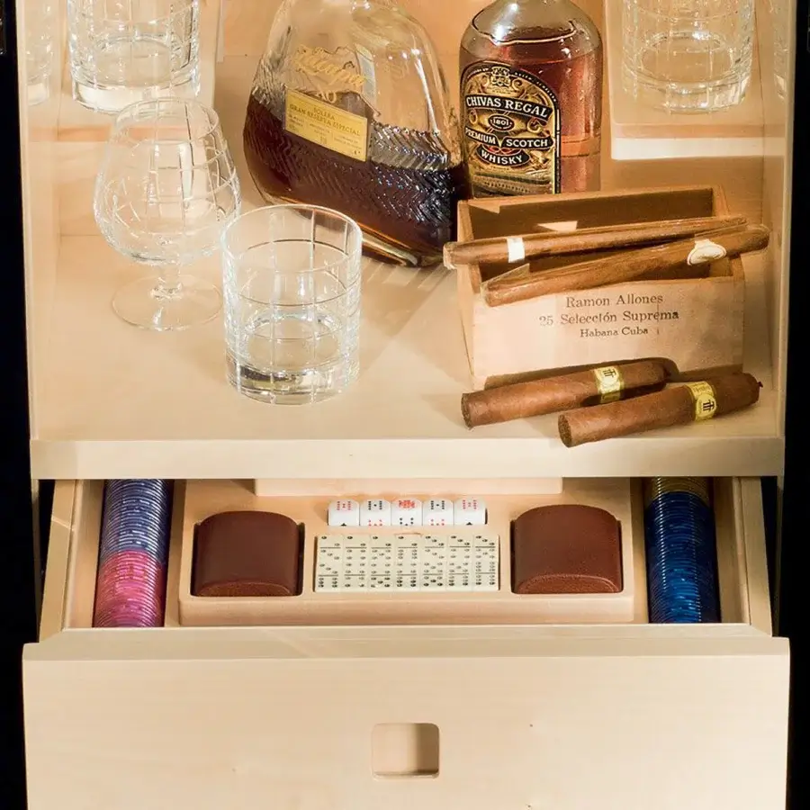 Luxury Agresti La Dolce Vita bar cabinet in polished ebony with leather handles and ruthenium brass accents light finish