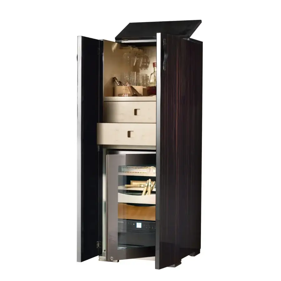 Luxury Agresti La Dolce Vita bar cabinet in high-gloss polished ebony with maple interior leather handles ruthenium brass