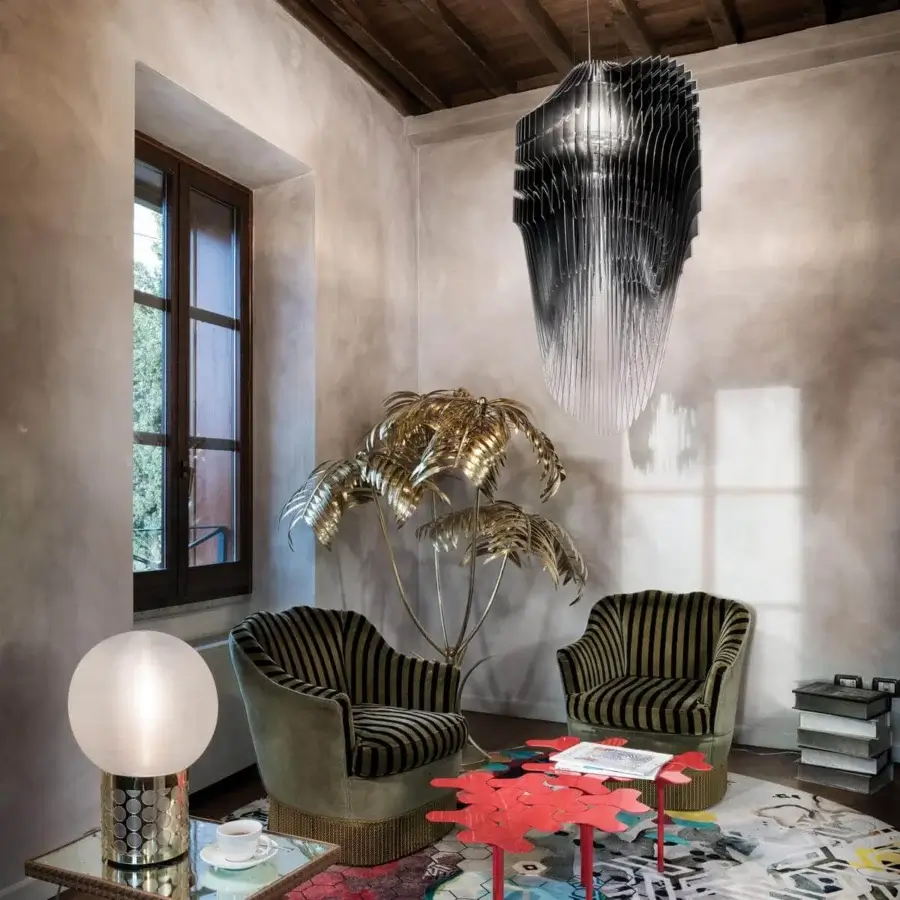 Distinguished Slamp Avia suspension lamp built in black Cristalflex® layers with a glossy finish and chromatic gradient