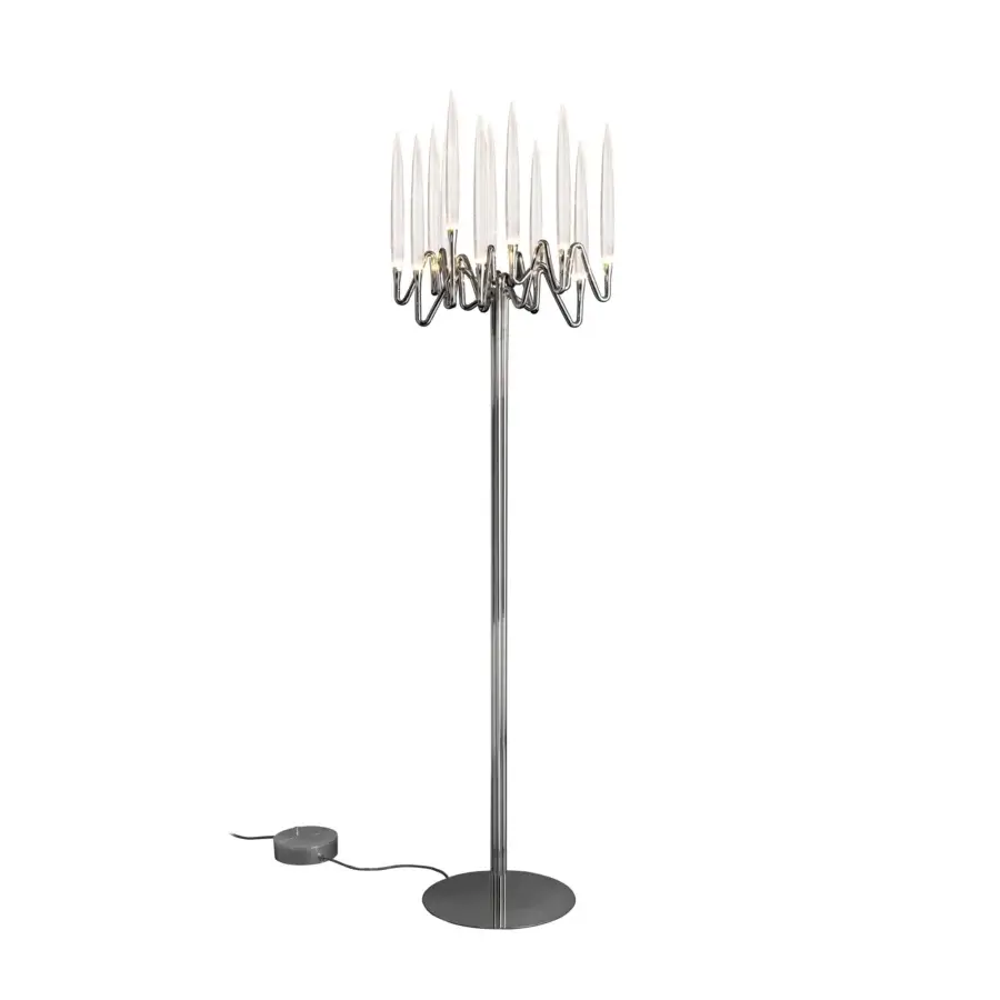 Distinguished Il Pezzo Mancante Il Pezzo floor lamp with hand-forged brass and translucent crystal candles in a sleek silver finish