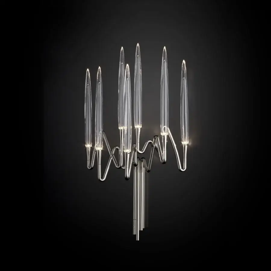 Superior Il Pezzo Mancante wall lamp with hand-forged polished metal and clear solid crystal candles illuminated with LED technology